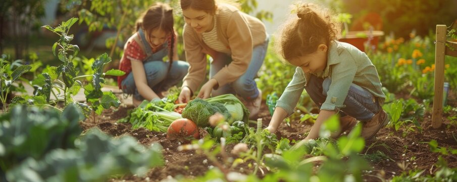 Community garden event for National Gardening Week, families planting and harvesting vegetables, 4K hyperrealistic photo. - Powered by Adobe