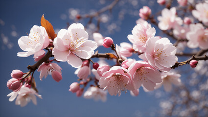 A branch of a tree with delicate pink blossoms against a pale blue sky. Some petals are floating away from the branch.