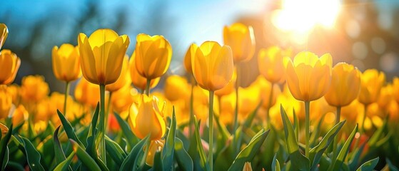 Obraz premium Springtime yellow tulips under clear skies, perfect for greeting cards Wideangle view, warm light enhancing their vibrant color