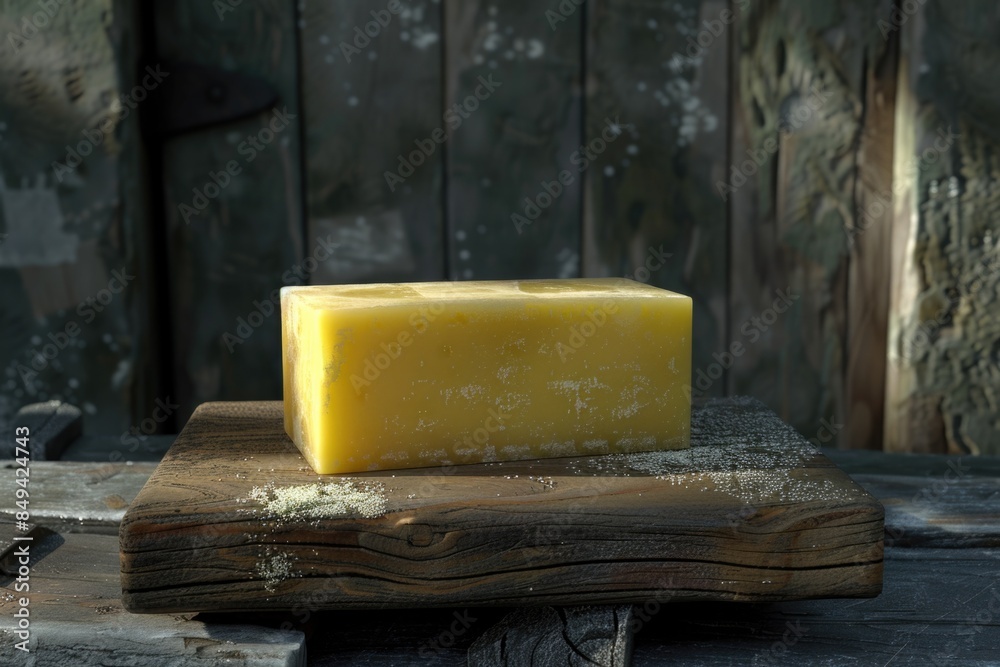 Poster a block of soap sits on a wooden board, ready for use