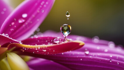 A close-up image of water droplets on a flower petal.

