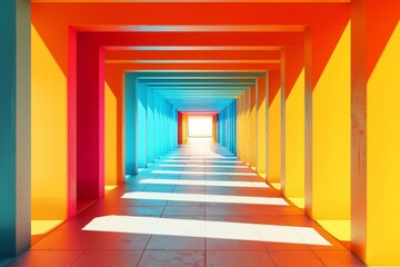 A long hallway with many colorful walls and a blue door