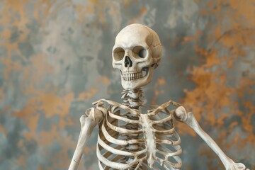 A skeleton sitting on top of a wooden table, often used as a decoration or prop in various settings