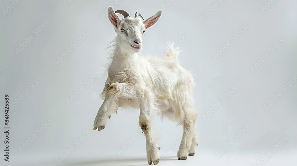 Wall mural   A white goat stands tall on its hind legs, spreading its front legs wide as it turns its head to the side