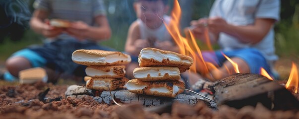 Kids making s'mores for National S'mores Day, August 10th, roasting marshmallows and enjoying the treats, 4K hyperrealistic photo.
