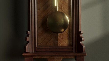 A closeup loop able animation of a swinging pendulum of  a brass and wooden grandfather clock  mounted on a wall