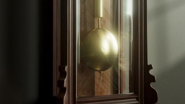 A closeup loop able animation of a swinging pendulum of  a brass and wooden grandfather clock  mounted on a wall