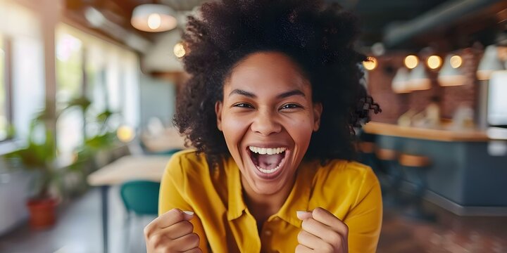 Woman thrilled to receive job offer online celebrating new opportunity. Concept career milestone, online job offer, celebration, success, new opportunity