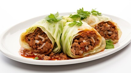 Photograph of a cabbage roll, filled with a savory meat and rice mixture,