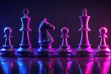 Group of chess pieces arranged on a chess board, with various pieces including pawns, knights, bishops, rooks, queens, and kings