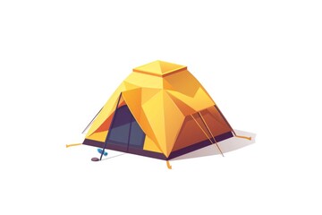 A simple yellow tent sitting on a clean white floor, great for minimalist or retro-themed designs