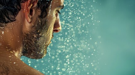 Close-up shot of water droplets glistening on a person's shoulder while showering,with a serene,blurred background providing ample copy space for text or design elements.