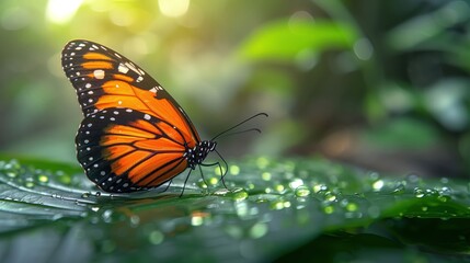 Fototapeta premium Monarch butterfly on dewy leaf. Monarch butterfly resting on green leaf.