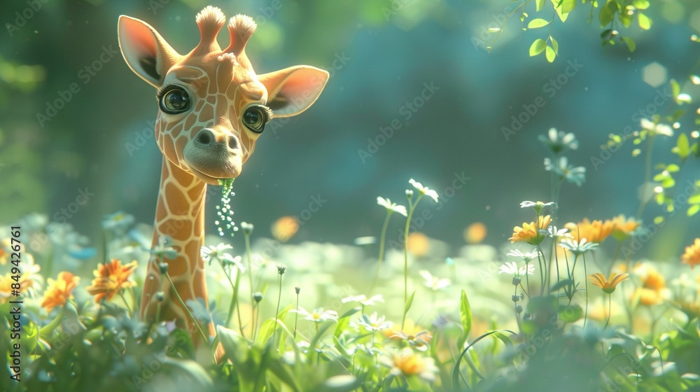 Wall mural   Giraffe in grass field, blurred background