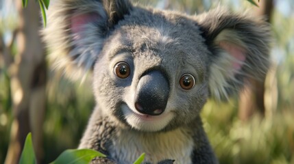Fototapeta premium Koala on tree branch surrounded by leaves
