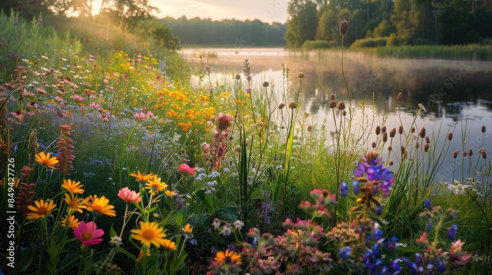 Poster Abundance of wild blooms in the soft light around the lake