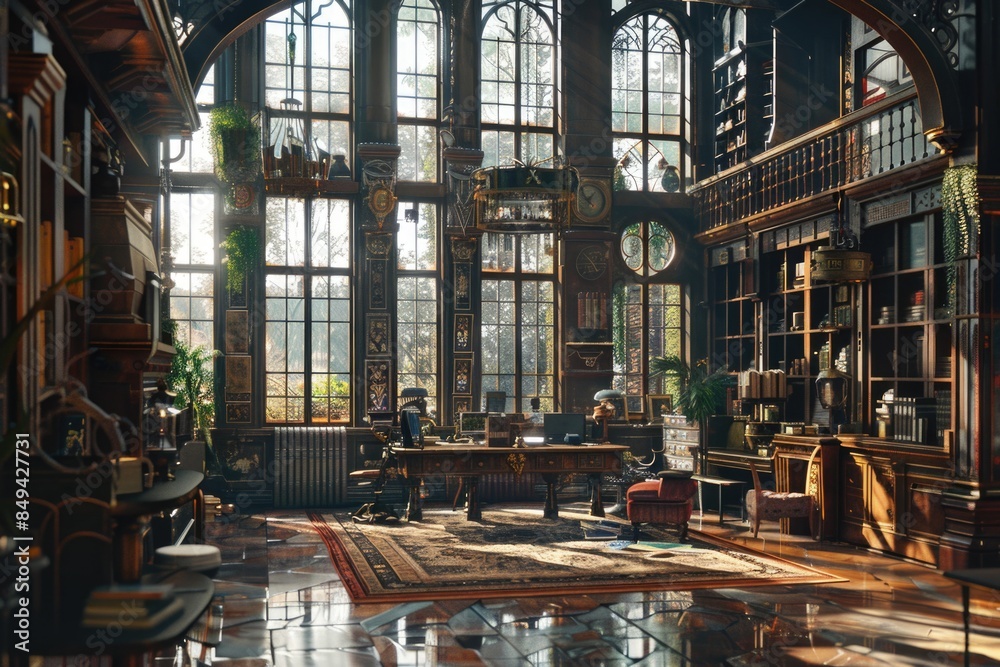 Poster cozy study room filled with books and a large clock on the wall, ideal for reading or studying