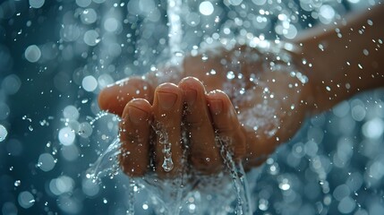 Fototapeta premium Close-up of water running over a person's arm in the shower,creating a refreshing ambiance with ample copy space for design elements.