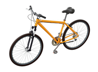 Fototapeta premium Orange bicycle, side top view. Black leather saddle and handles. Png clipart isolated on transparent background