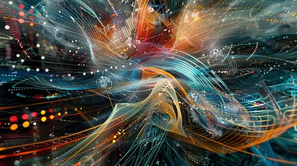 A digital art piece representing the complexity of big data processing through swirling lines and intricate patterns. Generative AI