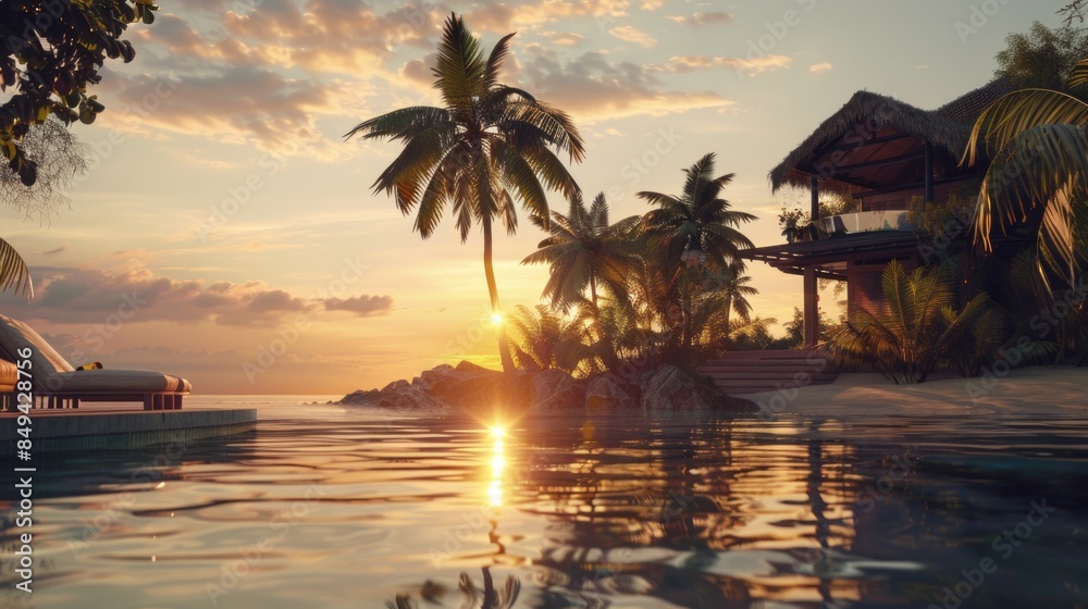 Aufkleber A serene scene of sunset over calm pool water with a warm glow