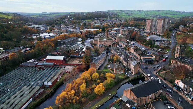 Birds Eye Views of Aerial drone footage of the village town of Sowerby Bridge West Yorkshire