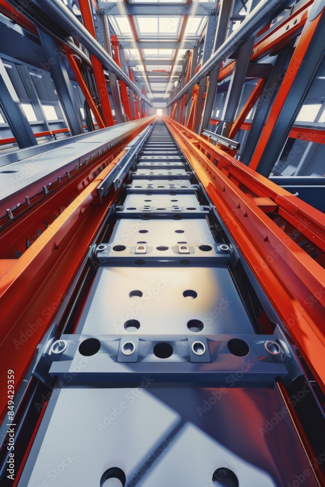 Poster a close-up view of a metal framework with numerous red metal parts, suitable for industrial or infra