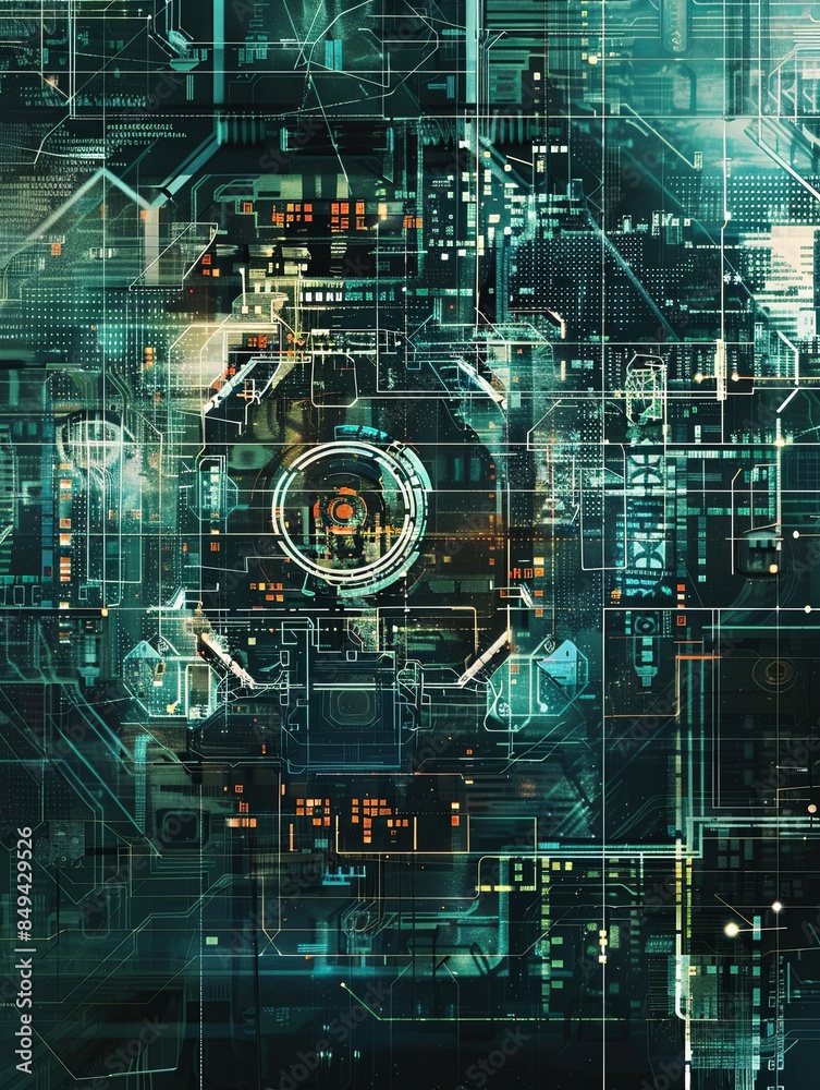 Aufkleber an abstract representation of a futuristic cybersecurity network, showcasing digital locks, shields,