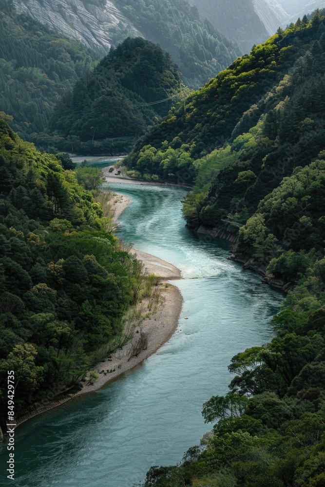 Poster a serene and peaceful scene of a river winding its way through a dense and vibrant green forest