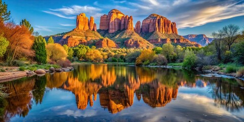 Majestic Cathedral Rock reflected in tranquil waters of Red Rock Crossing , Sedona, Arizona, red rocks, iconic, landmark