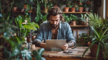Man using tablet surrounded by plants in a cozy room.