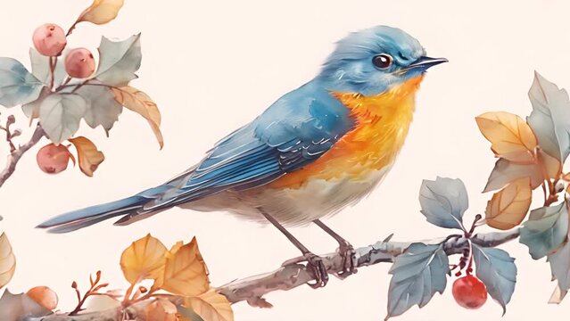 Vintage bird in a branch on a white background