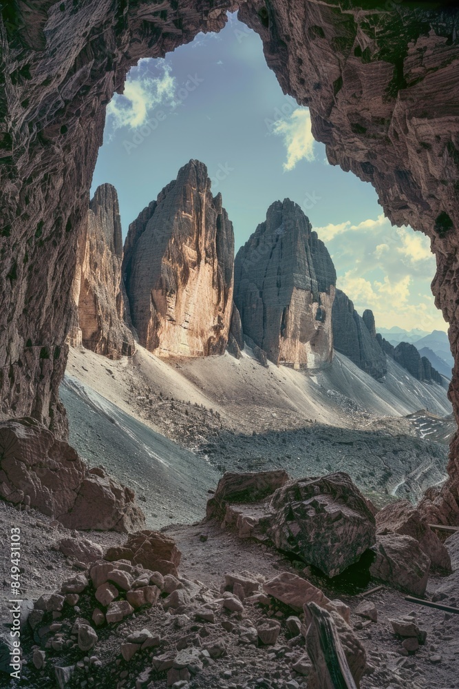 Aufkleber a view of the mountains from the inside of a cave, ideal for outdoor adventure or nature-themed proj