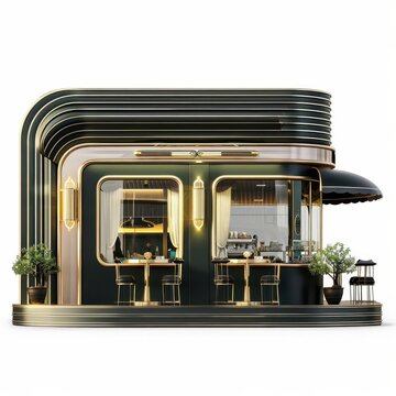 recommend clip art: Tiny art deco coffee shop, clipart, elegant illustration, gold accents, isolated on white background