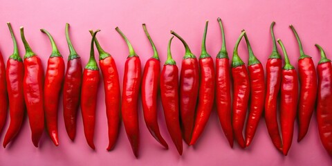 Red chili peppers arranged on a pink background, creating a minimalistic food backdrop, spicy, vibrant, colorful, peppers, cooking - Powered by Adobe