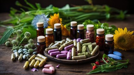 Photograph of a variety of colorful herbal medicine capsules arranged in a circle on a rustic wooden table, surrounded by dried medicinal herbs and fresh green leaves