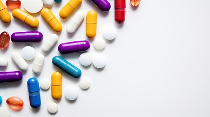 Photograph of a variety of colorful pills and capsules arranged in a geometric pattern on a white background