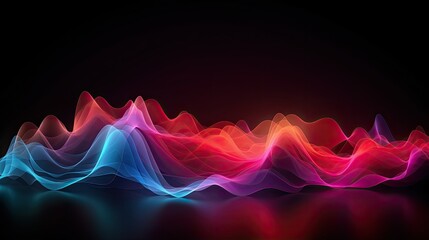 Photograph of a vibrant 3D illustration of sound waves pulsating with energy, rendered in a neon color palette against a dark background