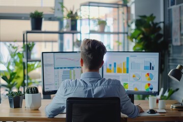 Young professional analyzing financial data on multiple computer screens in a modern office with plants in the background.