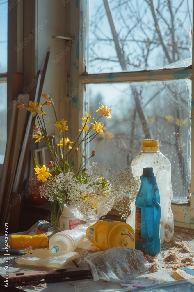 Poster a small blue bottle sits on a table near a window, providing a sense of calm and serenity