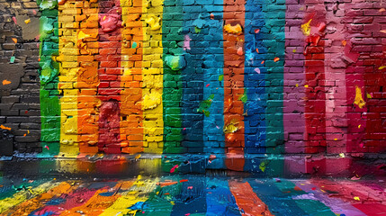 an illustration of the gay pride flag on a brick wall