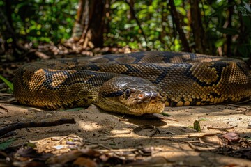 Obraz premium A large snake lies on the forest floor