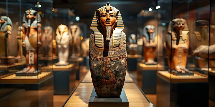 Ancient Egyptian mummies displayed in dimly lit museum with intricate hieroglyphs. Concept Ancient Egypt, Mummies, Museum Display, Hieroglyphs, Dim Lighting