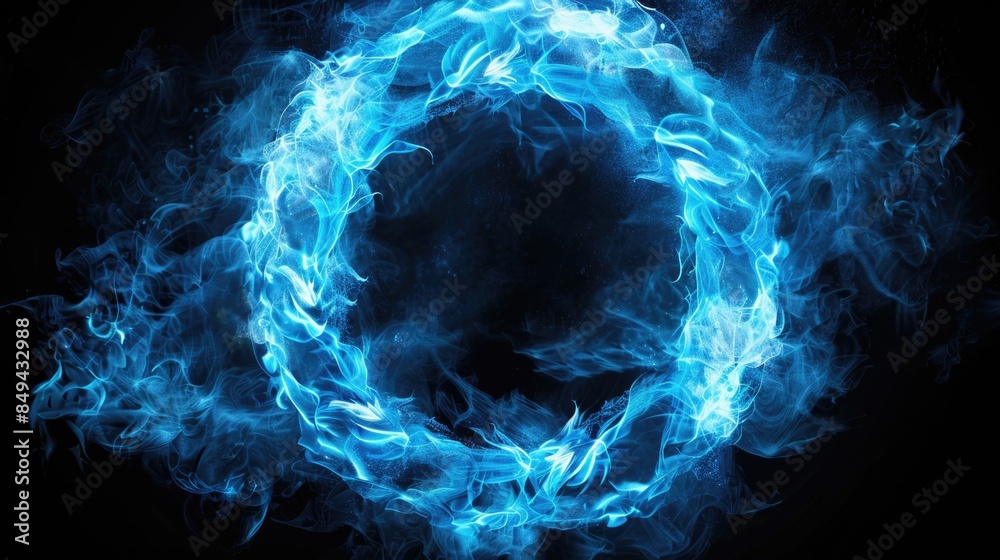 Poster a blue ring of smoke suspended in the air against a dark black background, ideal for use as a design