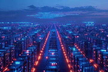 Fototapeta premium A futuristic digital cityscape with vibrant blue and red lights, representing advanced technology and a connected network at dusk.