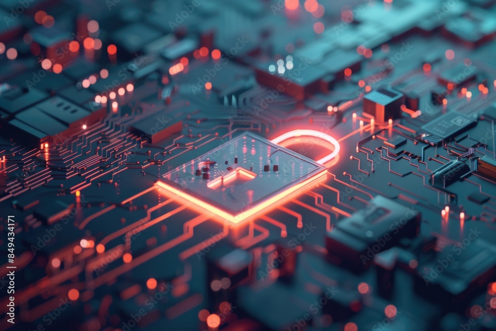 Poster A close-up view of a circuit board featuring a padlock on top