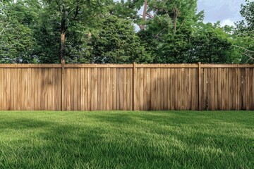 Fototapeta premium A simple wooden fence surrounded by lush green grass, suitable for use as a background or outdoor setting