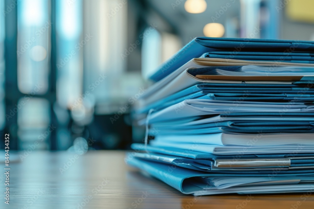 Poster a stack of blue folders sits on top of a wooden table, ready for use