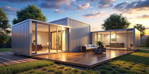 Minimal container homes reflecting light in a bright and modern setting, container, homes, tiny, minimalist