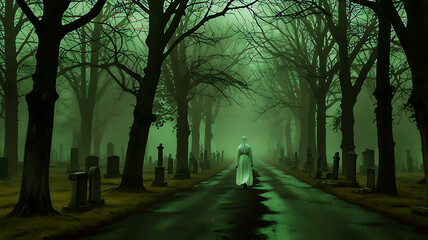 A woman dressed in white walks along an old road in a cemetery, passing by a ghostly atmosphere surrounded by dark mist.
